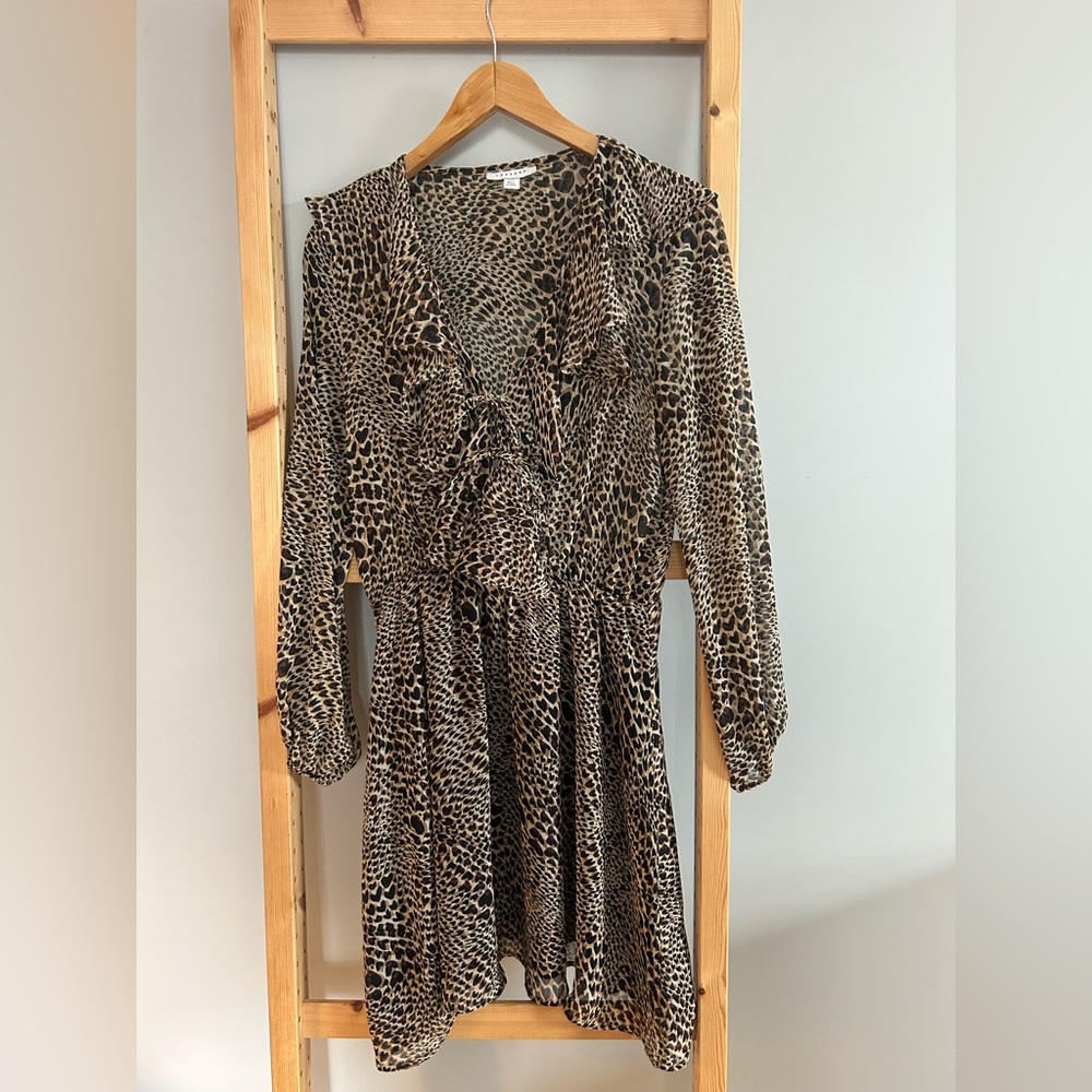 Topshop Leopard Print Tie Front Long Sleeve Mini Dress Ruffled Collar Size US6